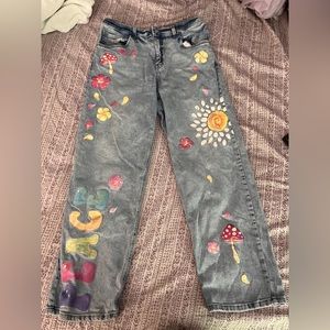 Women's Wild Fable Painted High Rise Peace Mushroom Painted Dad Jeans